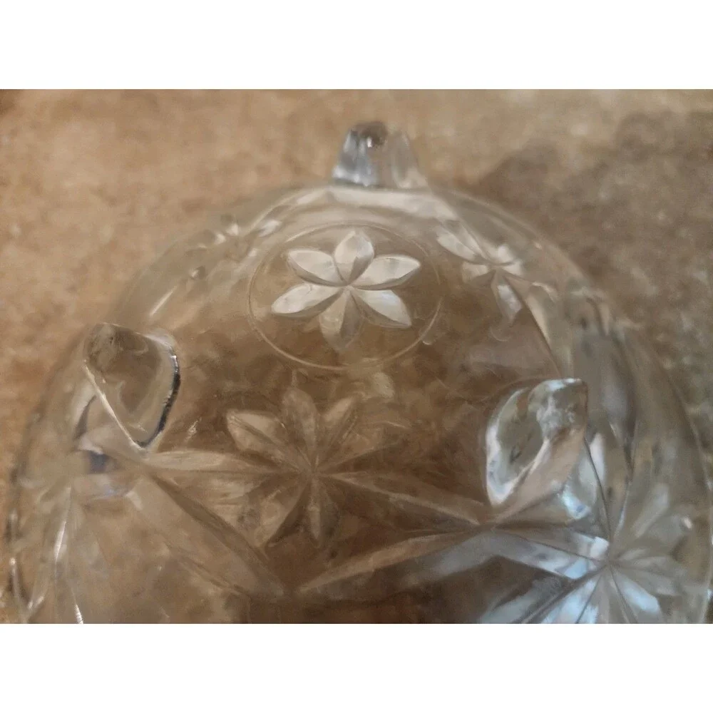 Vintage Candy Nut Bowl Clear Pressed Glass 3 Foot Starburst Sawtooth Rim